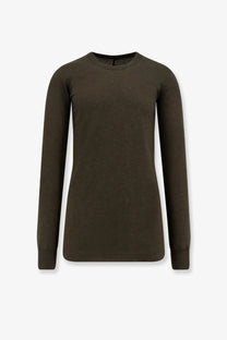 Rick Owens men’s olive green long-sleeved viscose blend crew neck shirt with ribbed cuffs and hem