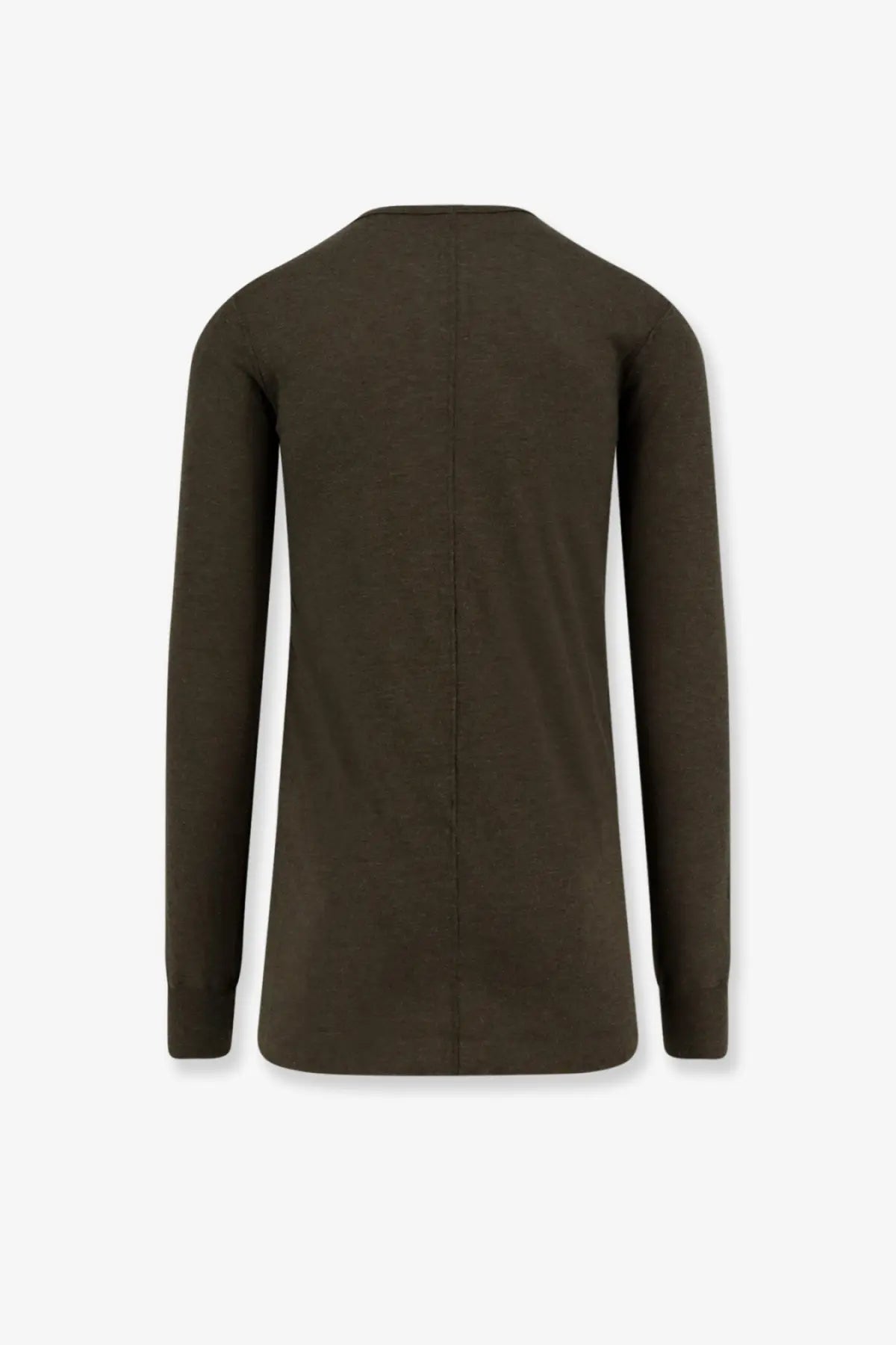 Olive green rick owens men’s long-sleeved viscose blend shirt with minimalist design and vertical seam on the back