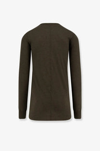 Olive green rick owens men’s long-sleeved viscose blend shirt with minimalist design and vertical seam on the back