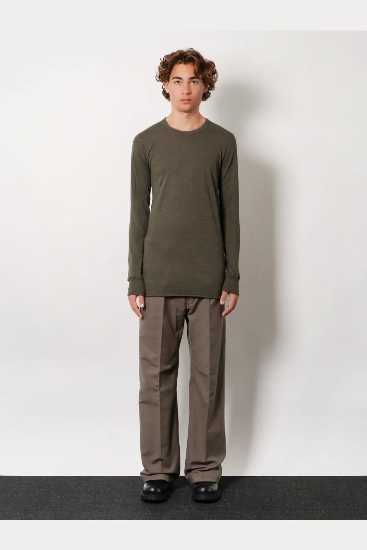 Olive green long-sleeved cotton t-shirt for men by rick owens with viscose blend fabric and basic design
