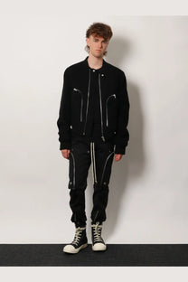 Rick Owens men’s Bauhaus flight black bomber jacket made of virgin wool with silver zippers and button closure