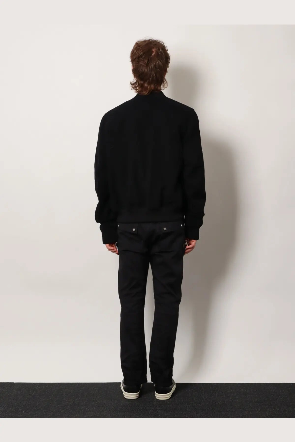 Rick Owens men’s bauhaus flight black bomber jacket made of virgin wool with ribbed cuffs and collar