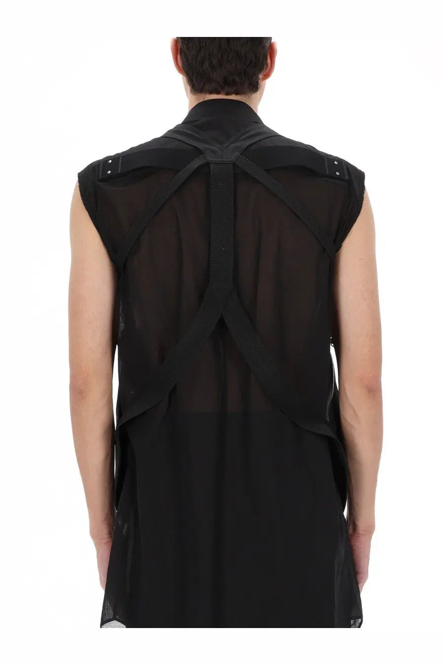 Rick owens men’s bauhaus vest black sheer sleeveless top with structured straps and metallic hardware