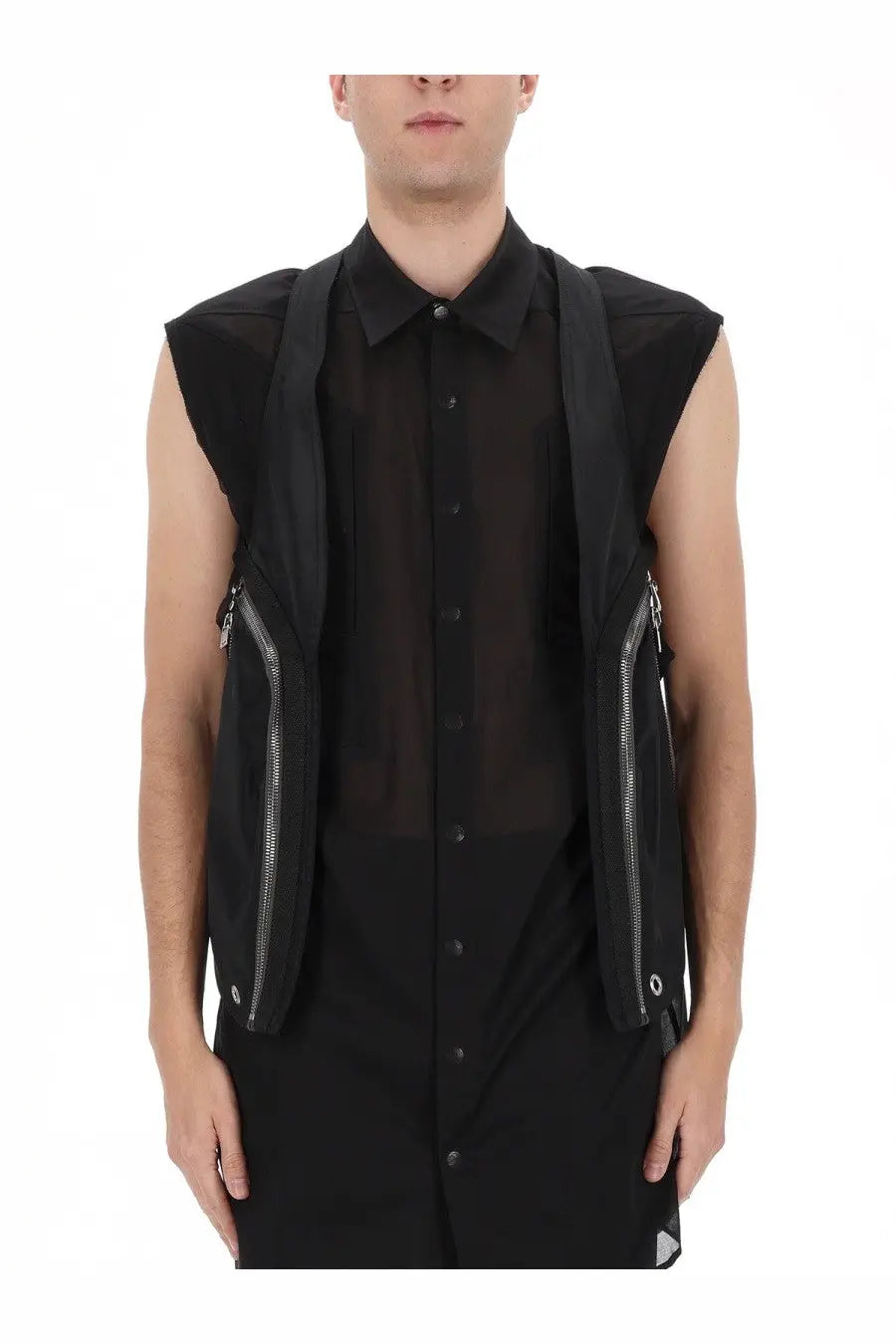 Rick Owens men’s Bauhaus vest black sleeveless with sheer mesh panels and silver zipper details
