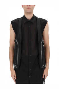 Rick Owens men’s Bauhaus vest black sleeveless with sheer mesh panels and silver zipper details
