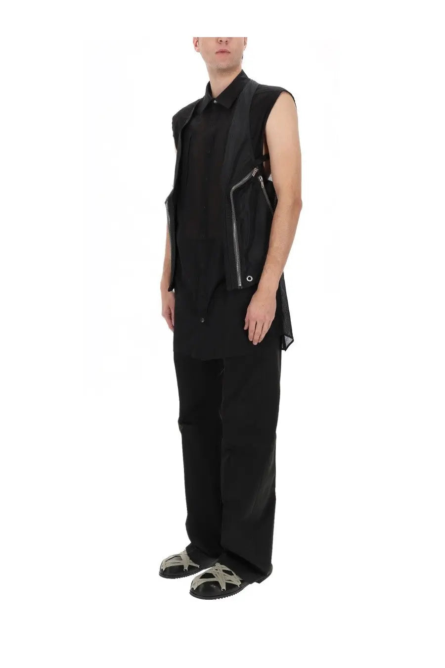 Rick Owens men’s bauhaus vest black sleeveless with zipper details and a structured modern design front view