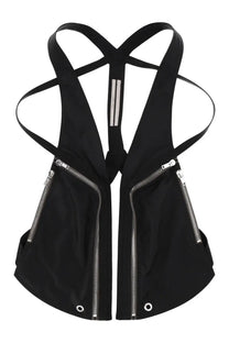 Rick Owens men’s bauhaus black tactical-style vest with silver zippers and reflective stripes on the straps