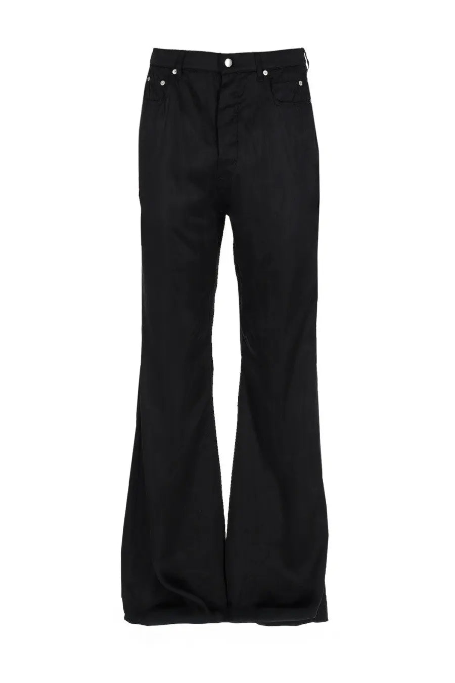 Rick Owens men’s bolan bootcut black denim pants with silver rivets at the belt loops showing the back side