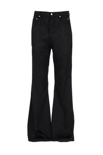 Rick Owens men’s bolan bootcut black denim pants with silver rivets at the belt loops showing the back side