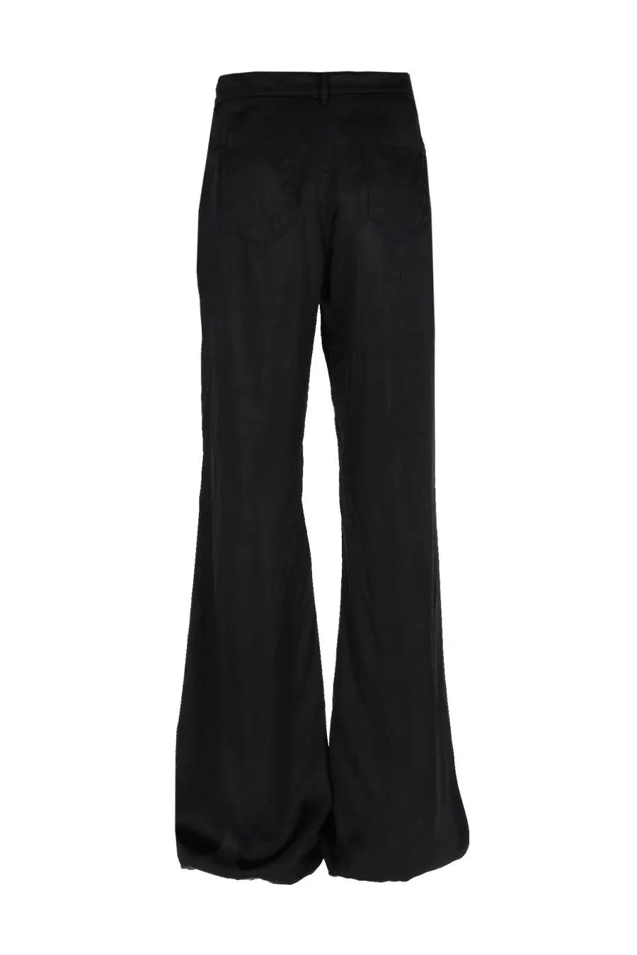 Rick Owens men’s bolan bootcut pants black in black satin with a sleek flowing wide-leg silhouette
