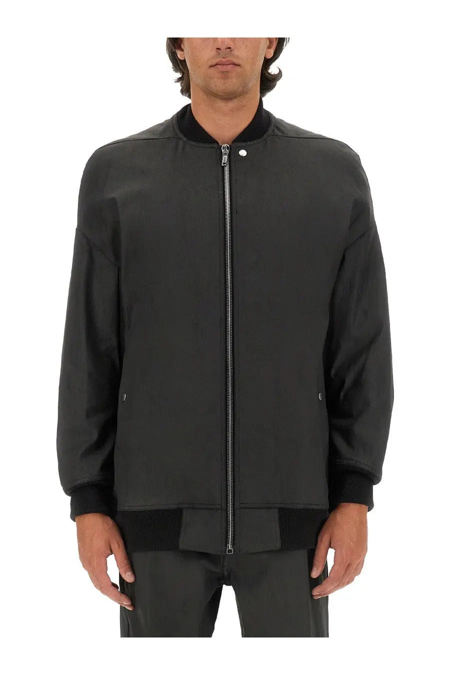 Rick Owens men’s black bomber jacket with ribbed collar and cuffs featuring a silver front zipper