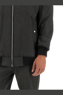 Rick Owens men’s bomber black jacket with silver zipper and ribbed cuffs in a sleek bomber style