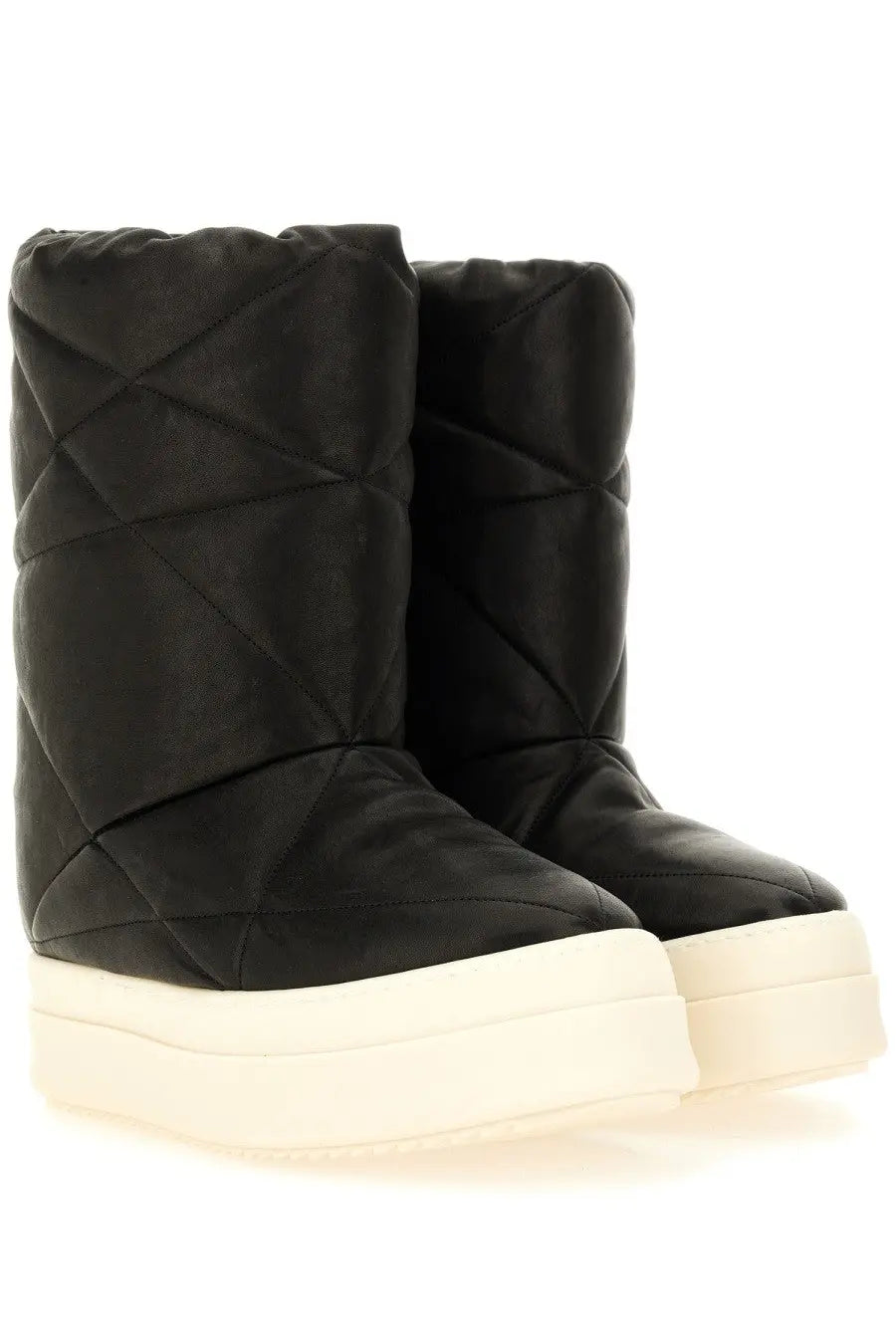 Rick Owens men’s boot mega bumper lunar black black quilted glossy platform boots with cream-colored soles