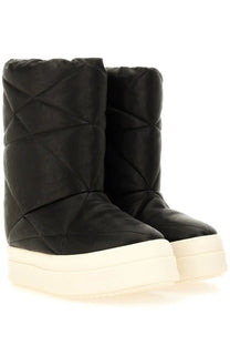 Rick Owens men’s boot mega bumper lunar black black quilted glossy platform boots with cream-colored soles