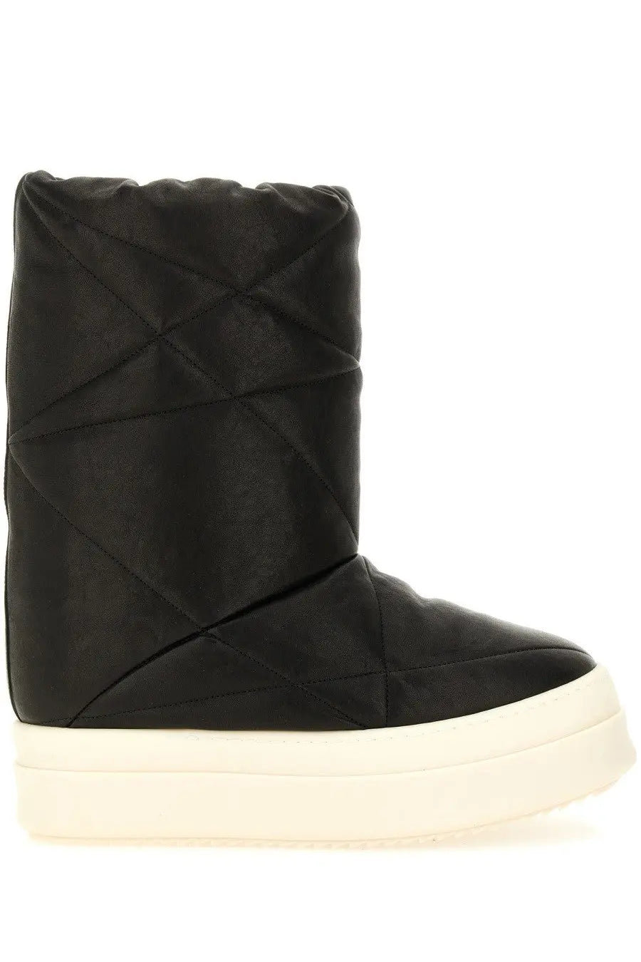 Rick Owens men’s boot mega bumper lunar black quilted satin boot with a white platform sole front view