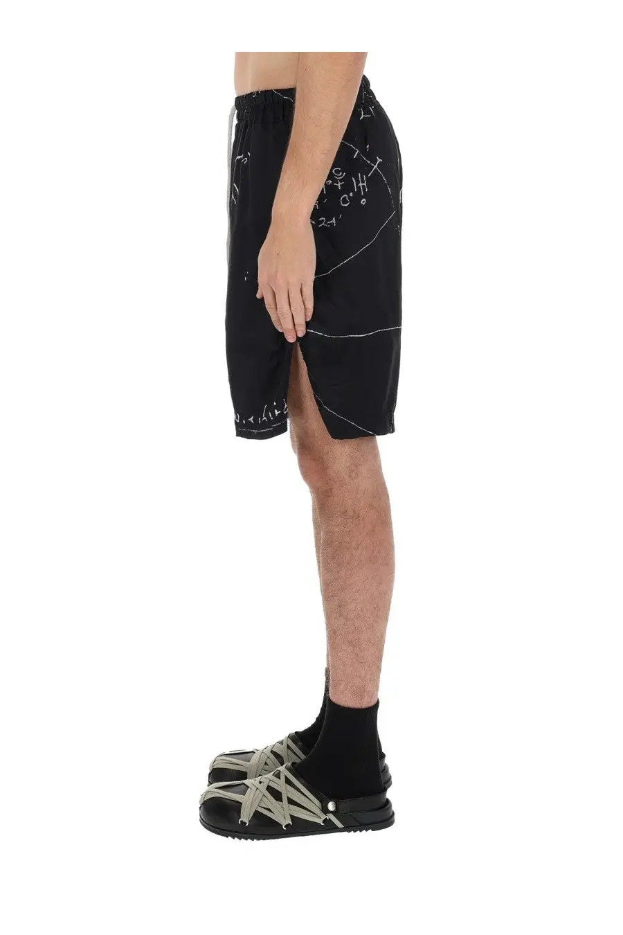 Rick Owens men’s black boxer shorts with white chalk-like scribbles and equations printed on the fabric