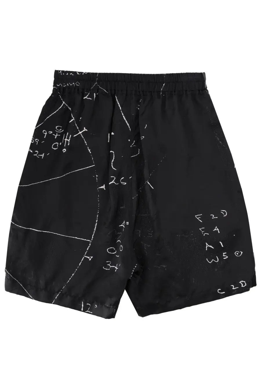 Rick Owens men’s black boxer shorts featuring white chalkboard-style scientific formula print on fabric