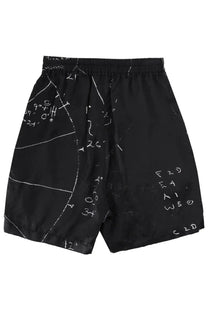 Rick Owens men’s black boxer shorts featuring white chalkboard-style scientific formula print on fabric