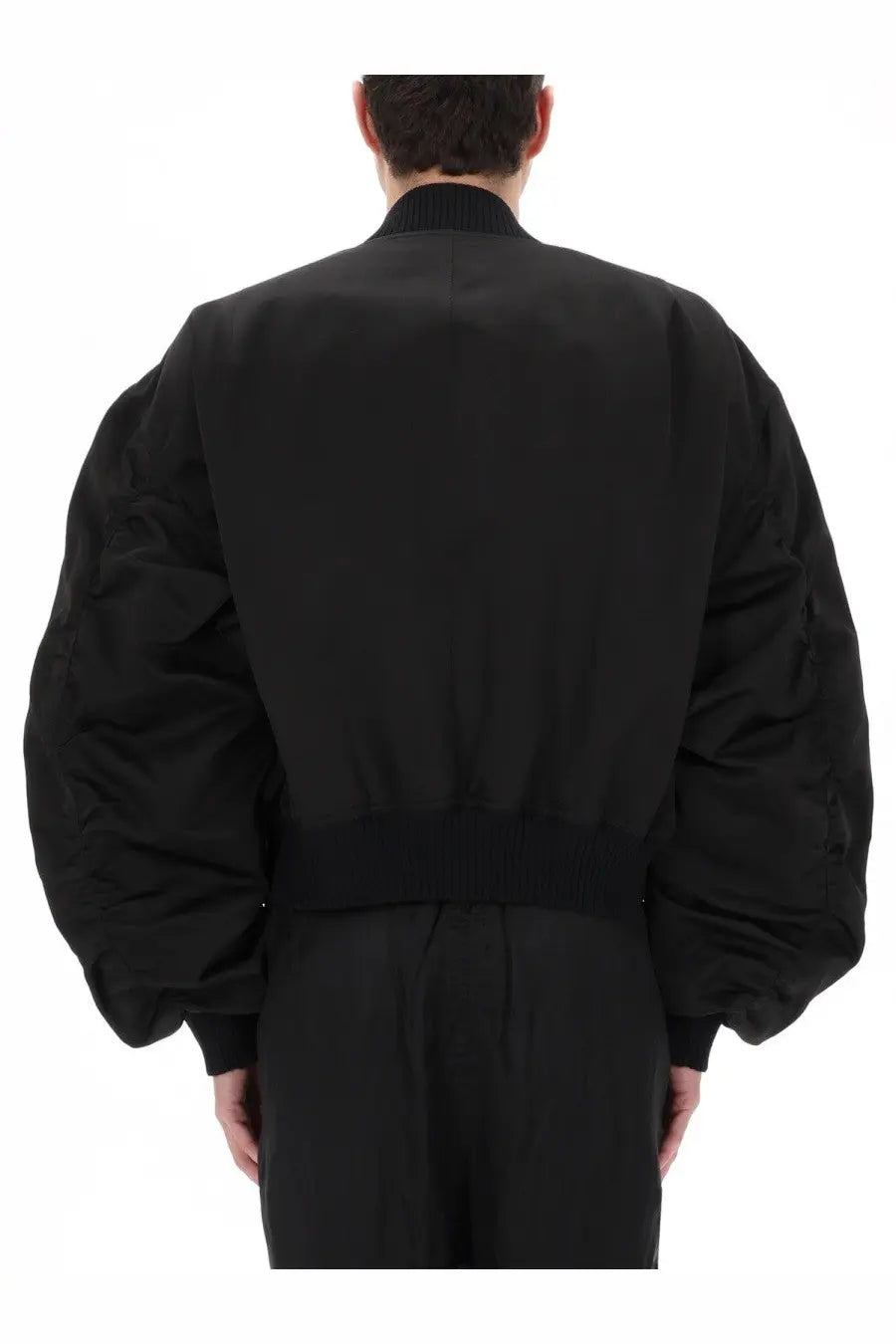 Rick Owens men’s bucket flight jacket in black with puffed sleeves and ribbed cuffs in bomber style