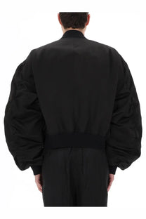 Rick Owens men’s bucket flight jacket in black with puffed sleeves and ribbed cuffs in bomber style