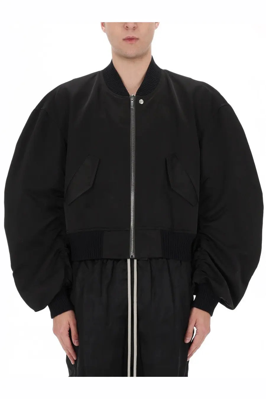 Rick owens men’s bucket flight jacket in black with puffy sleeves and a silver zipper in bomber style