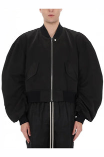 Rick owens men’s bucket flight jacket in black with puffy sleeves and a silver zipper in bomber style