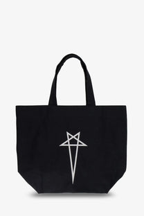 Rick Owens men’s black canvas tote bag featuring a white pentagram design on the front side