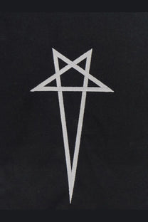 White embroidered pentagram patch on black canvas fabric of rick owens mens handbag