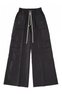 Rick Owens men’s black wide-leg cargo pants with multiple pockets drawstring waistband and zipper detail