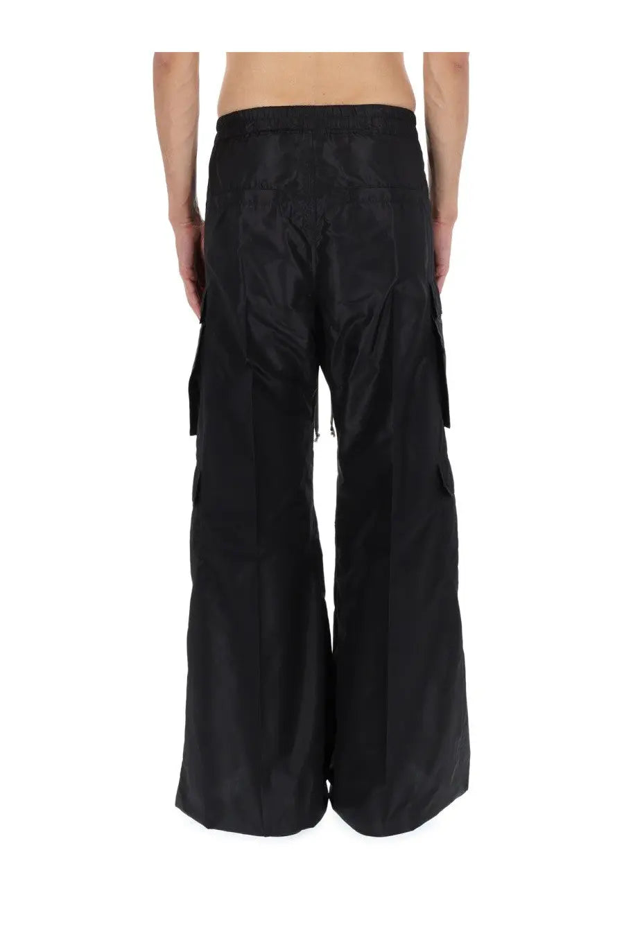Rick Owens men’s black wide-leg cargo belas pants with shiny lightweight fabric and multiple side pockets