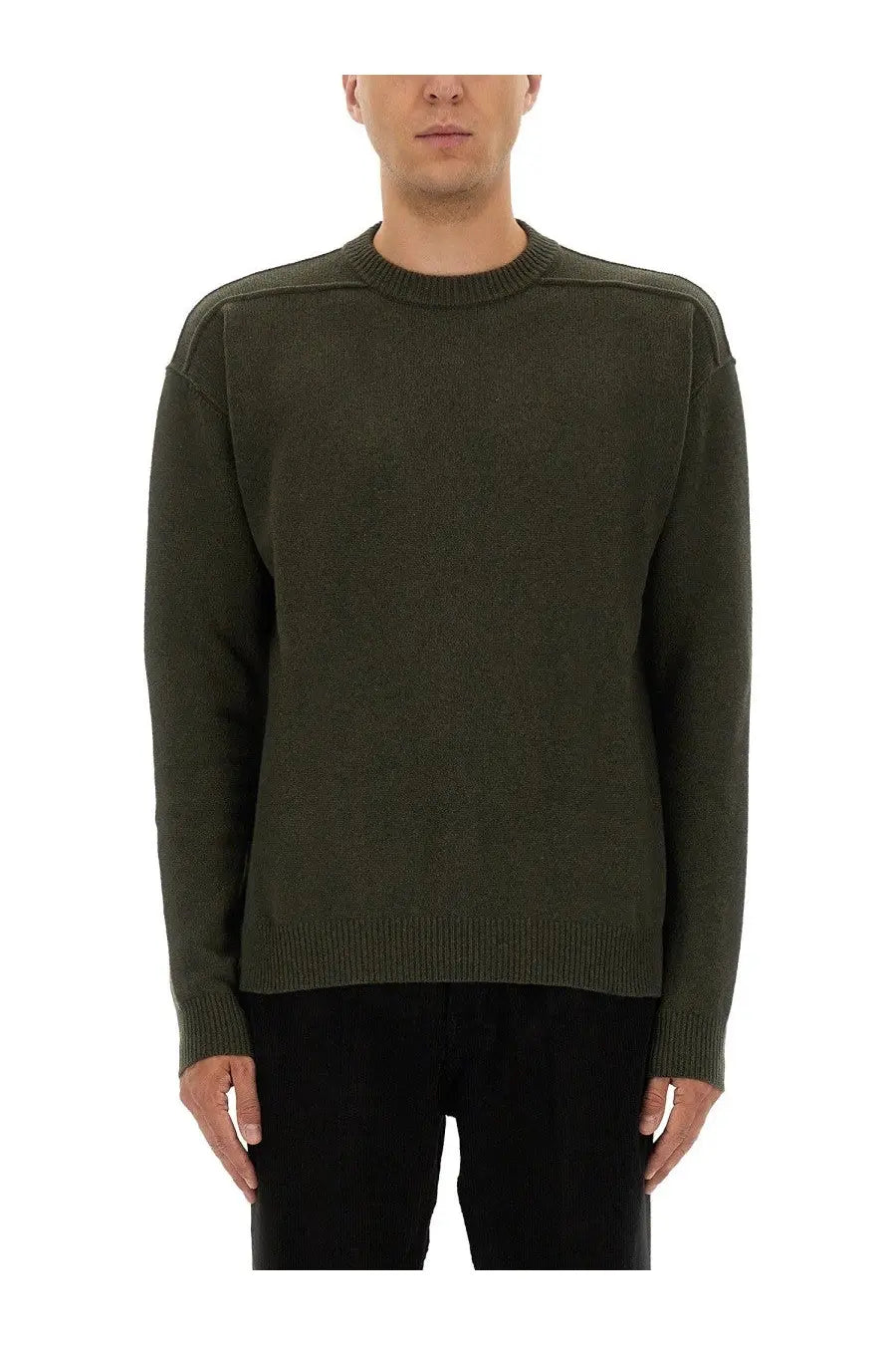 Rick owens men’s olive green cashmere crewneck sweater with ribbed cuffs and hem