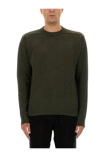 Rick owens men’s olive green cashmere crewneck sweater with ribbed cuffs and hem