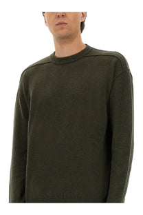Rick Owens men’s olive green cashmere crewneck sweater with textured knit fabric and ribbed cuffs
