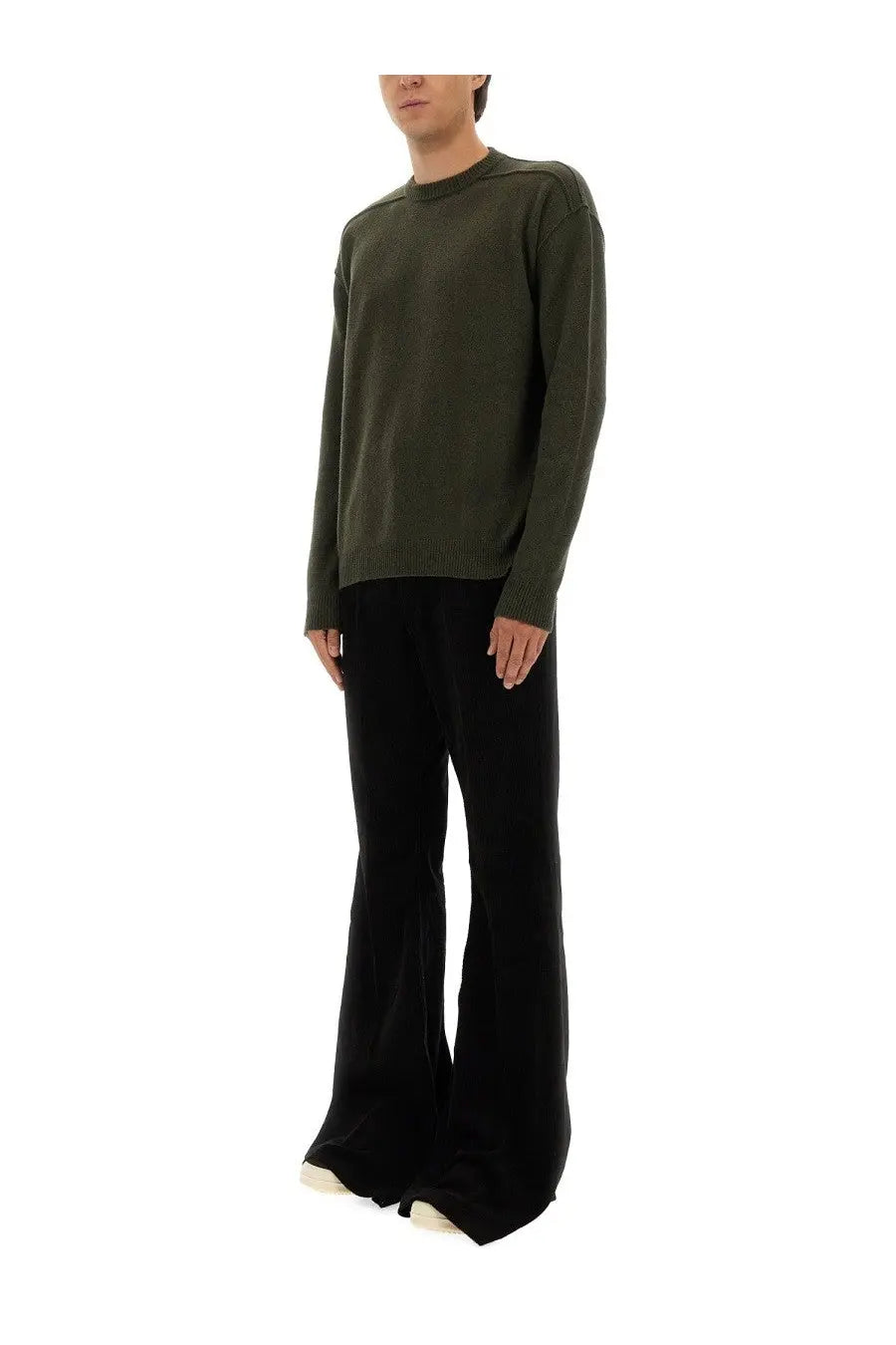 Olive green ribbed knit cashmere sweater with long sleeves and crew neckline by rick owens men’s collection