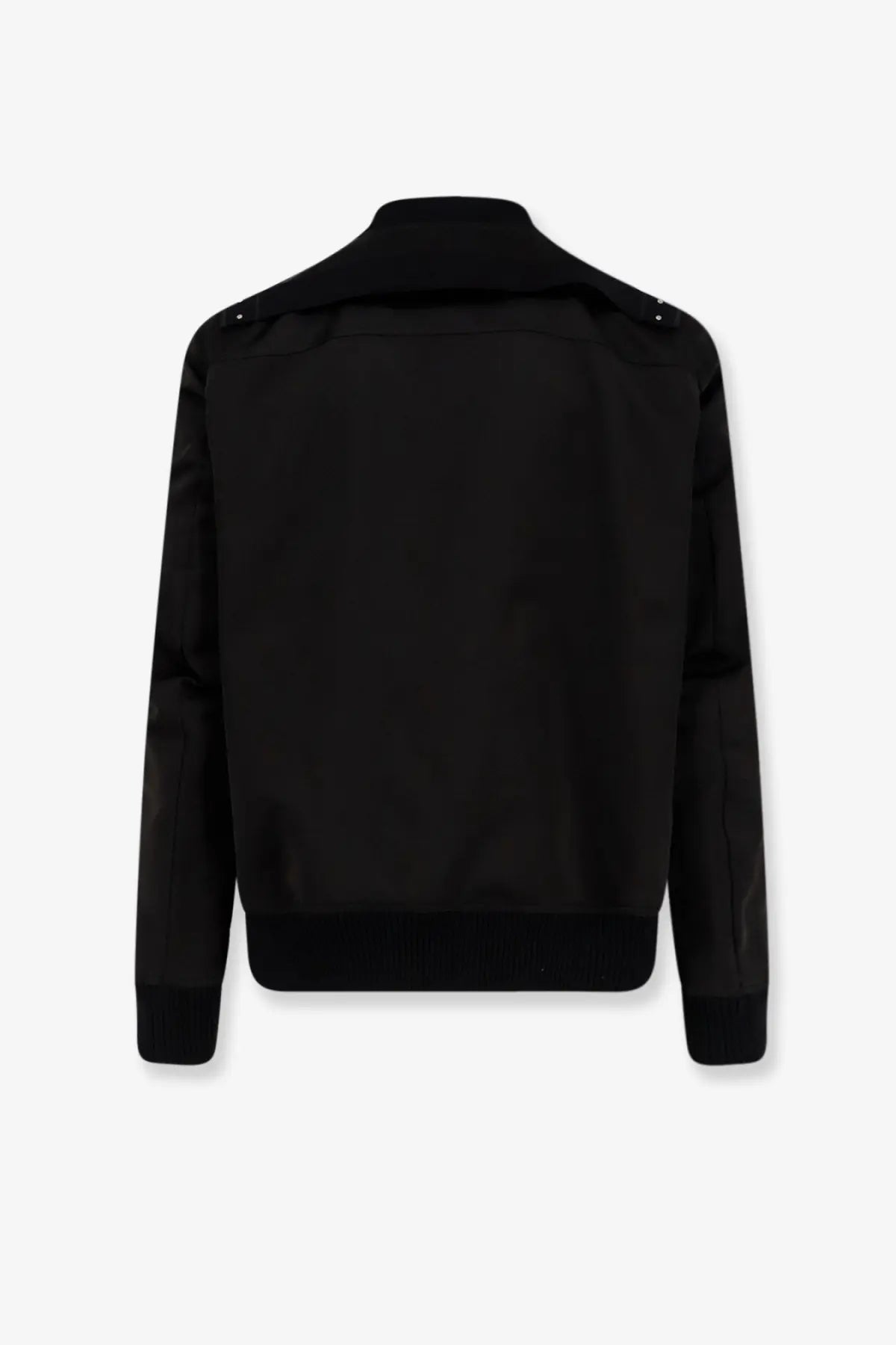Rick Owens men’s classic flight bomber black jacket with high collar and subtle stitching details visible