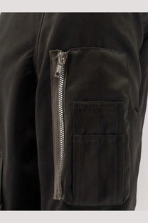 Rick Owens men’s classic flight bomber black jacket featuring a black utility pocket with silver zipper and reinforced stitching