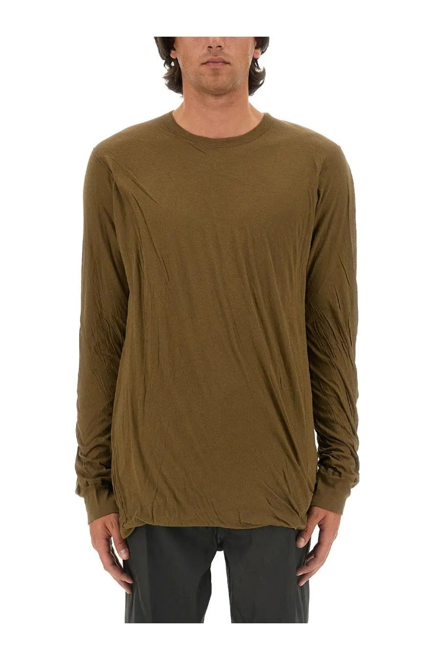 Rick Owens men’s cotton shirt in olive green with long sleeves crew neck and relaxed slightly wrinkled fit