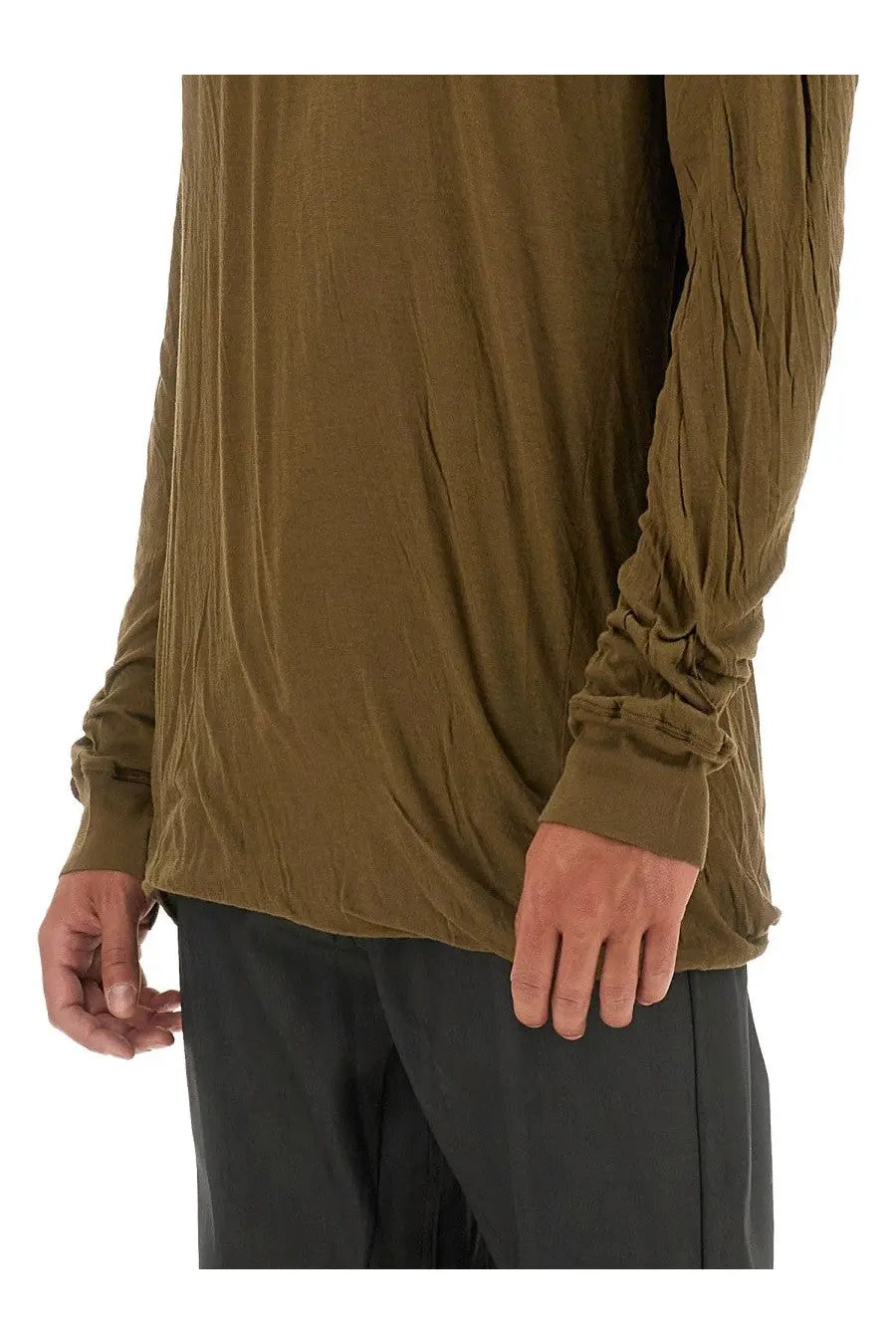 Rick Owens men’s cotton shirt in olive green with long sleeves, relaxed draped fabric, and ribbed cuffs
