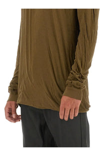 Rick Owens men’s cotton shirt in olive green with long sleeves, relaxed draped fabric, and ribbed cuffs