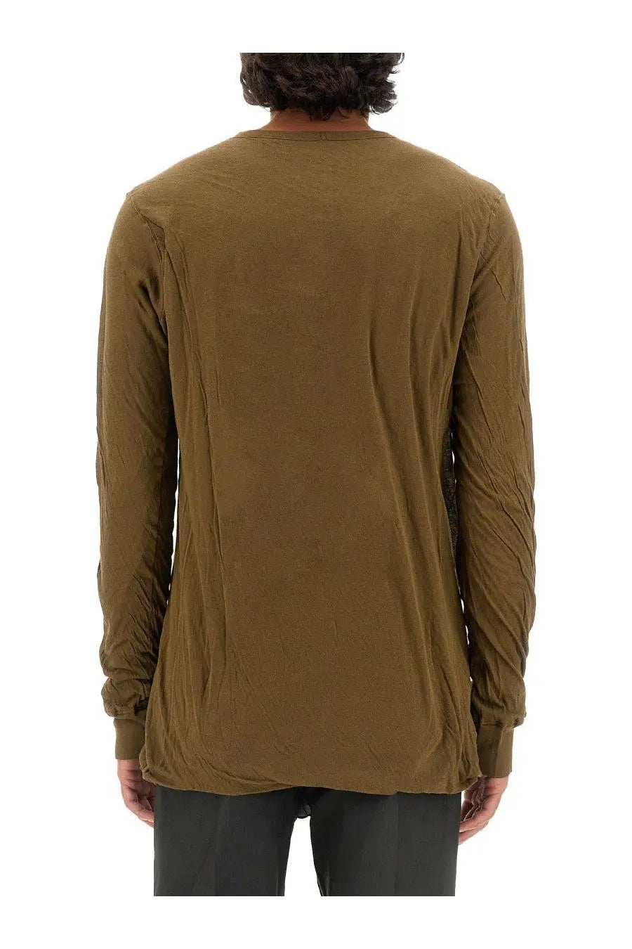 Rick Owens men’s cotton shirt in olive green with long sleeves relaxed fit and subtle wrinkled texture