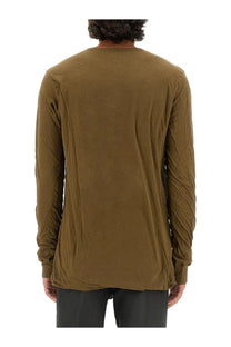 Rick Owens men’s cotton shirt in olive green with long sleeves relaxed fit and subtle wrinkled texture