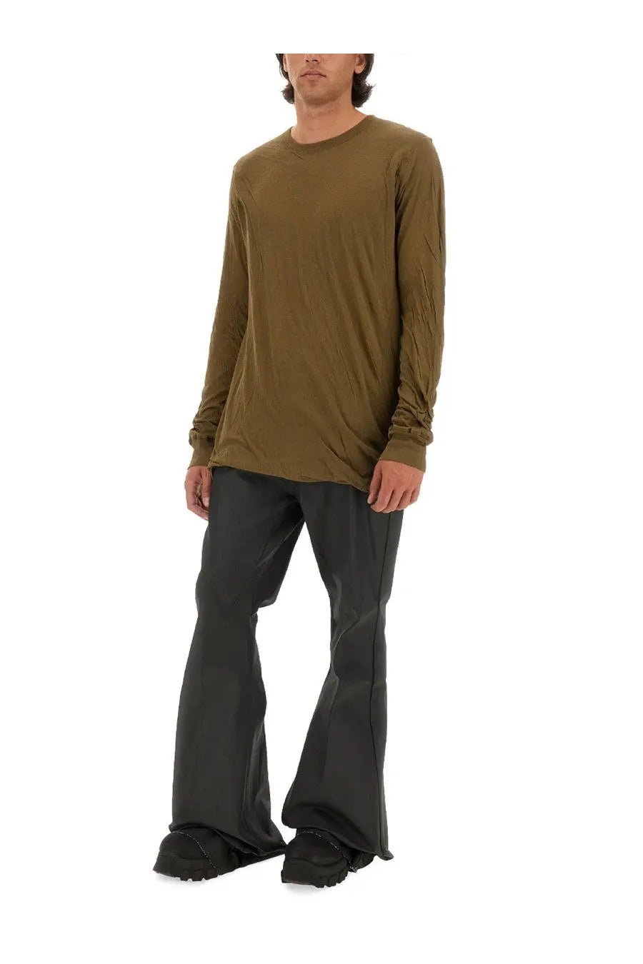 Rick Owens men’s olive green long-sleeved cotton shirt with subtle vertical pleats and ribbed cuffs in brown tone