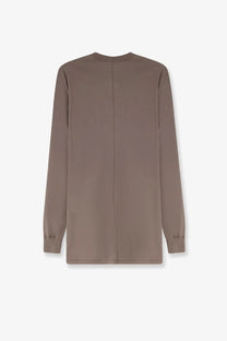 Rick Owens men’s cotton shirt grey minimalist long-sleeved top in muted taupe with clean lines and subtle seams