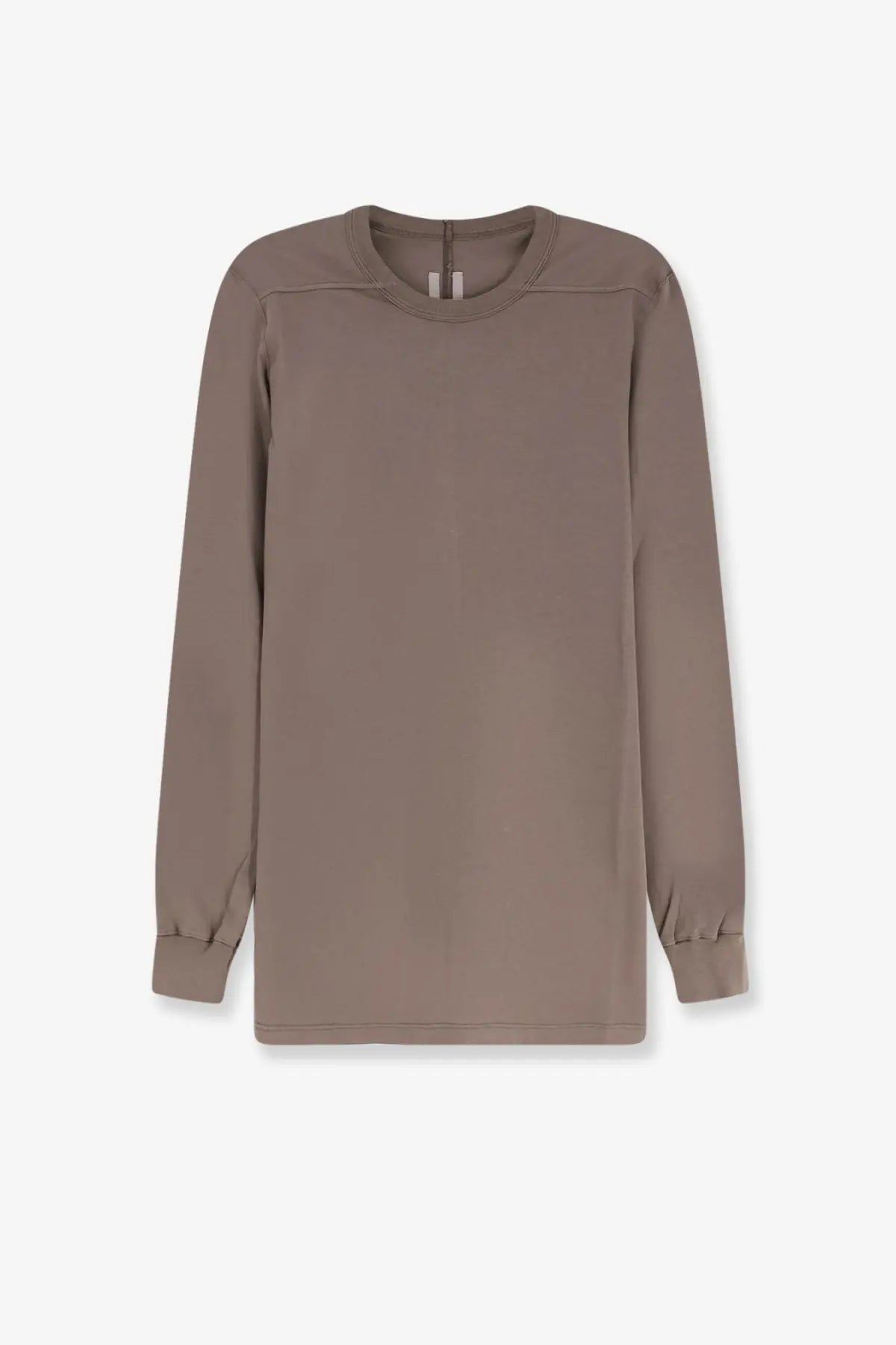 Rick Owens men’s cotton shirt grey with a minimalist taupe long-sleeved top, ribbed neckline, and elastic cuffs