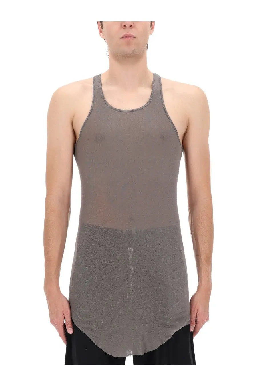 Rick Owens men’s grey cotton tank top with ribbed texture sheer fabric and high-low hemline front view