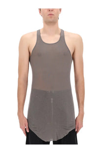 Rick Owens men’s grey cotton tank top with ribbed texture sheer fabric and high-low hemline front view