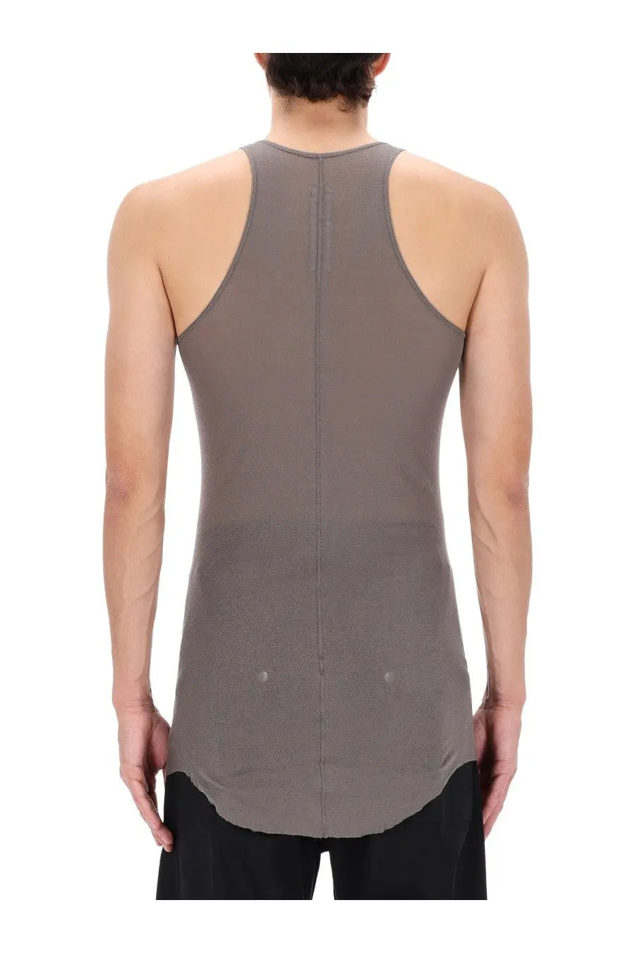 Rick Owens men’s charcoal gray cotton ribbed tank top with high neckline and back seam detail shown from the back