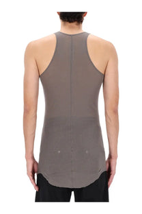 Rick Owens men’s charcoal gray cotton ribbed tank top with high neckline and back seam detail shown from the back