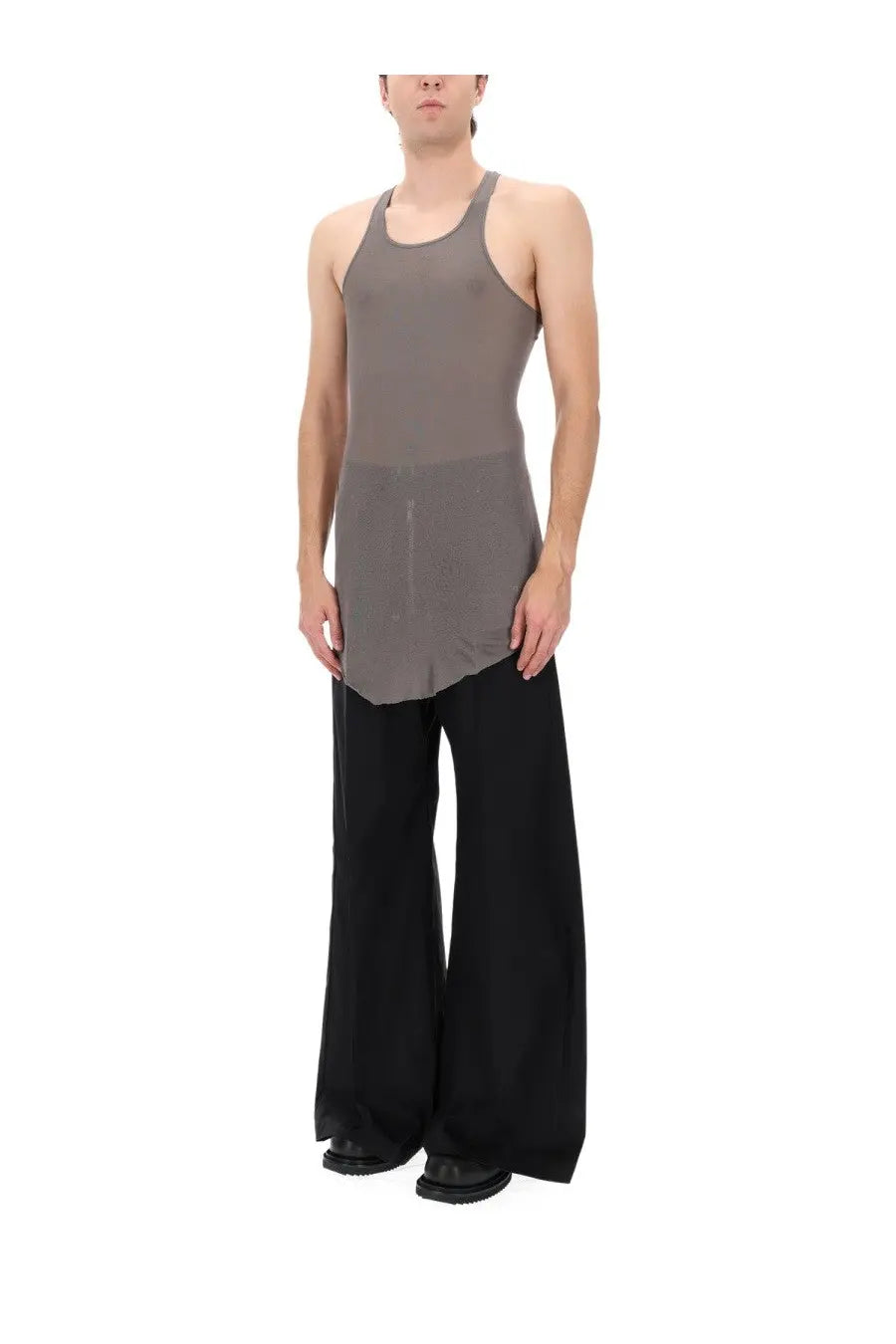 Rick Owens men’s gray cotton sleeveless tank top with sheer panel and asymmetrical hemline