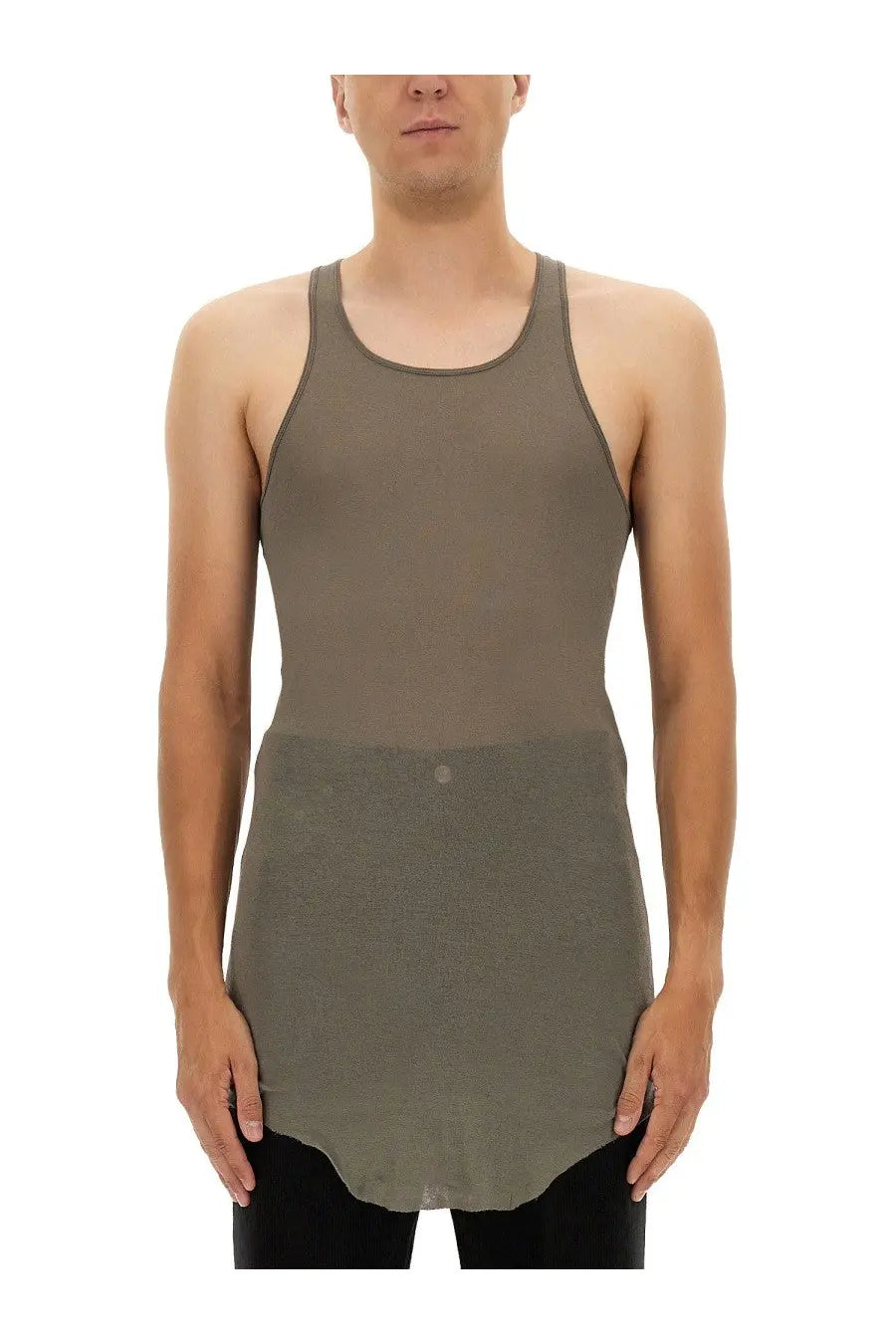 Rick Owens men’s cotton grey top with olive green racerback tank style and sheer mesh panel at the waistline
